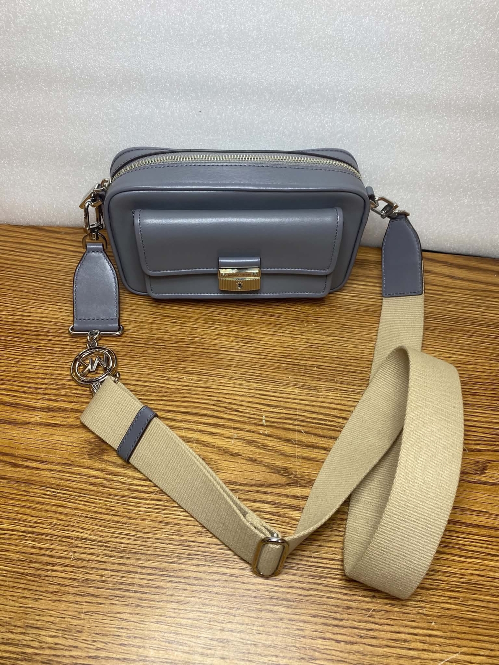 Michael Kors Grey Leather Crossbody Bag with Beige Strap
